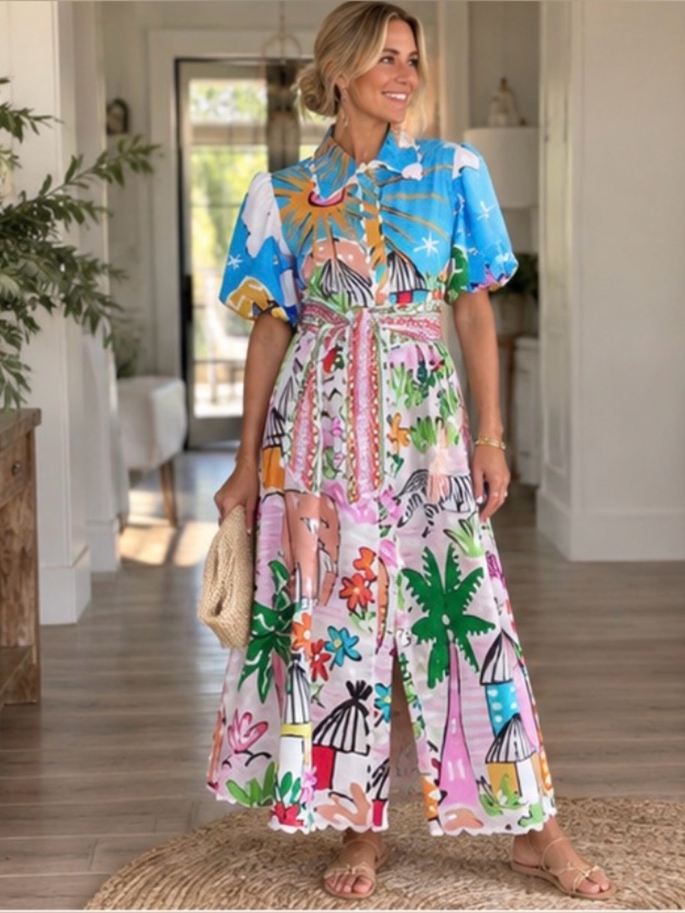 Tropical Maxi Shirt Dress Farm Rio ALÉMAIS Inspired Belted Resort Vacation